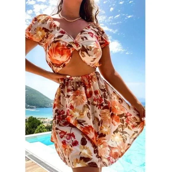 Brown Floral Print Short Sleeve V-Neck Cutout Open Back Mini Dress - Picture 5 of 12